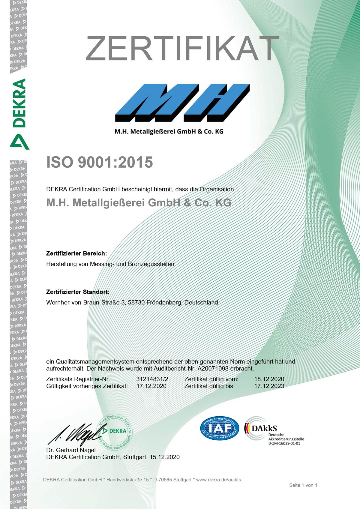 Zertifikat ISO 9001:2015 - Gültig vom 2020 bis 2023
