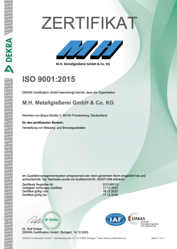 Zertifikat ISO 9001:2015 - Gültig vom 2023 bis 2026