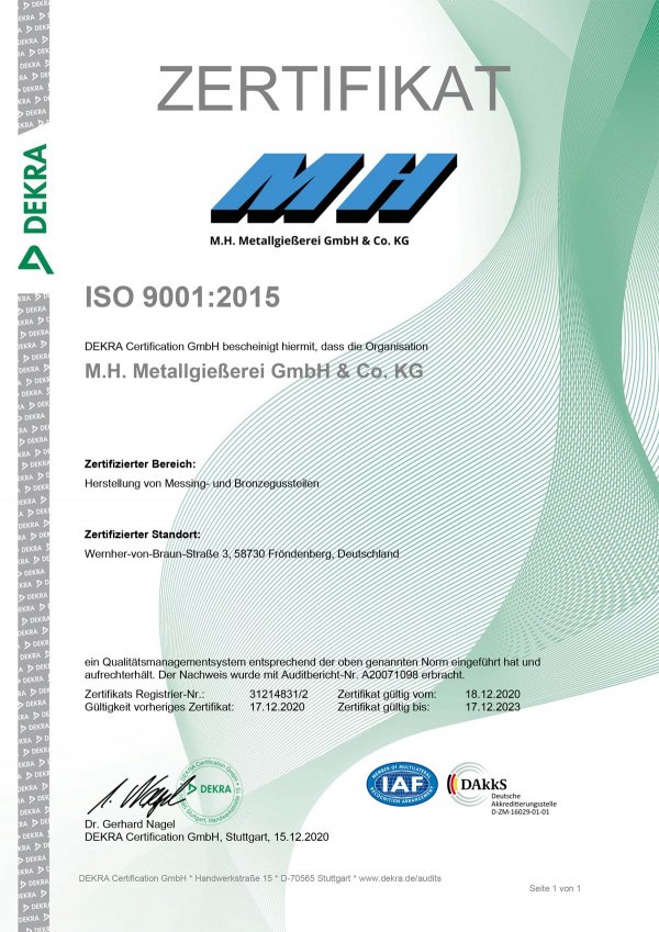 Zertifikat ISO 9001:2015 - Gültig vom 2020 bis 2023